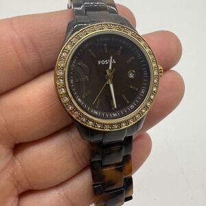 Fossil Stella Womens Watch Faux Tortoise Resin Gold Tone Crystal Needs Battery